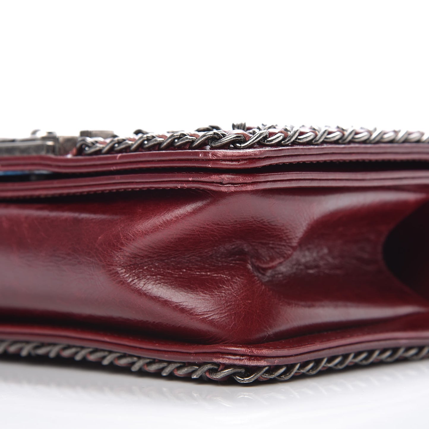 Glazed Calfskin Quilted Small Boy Chained Flap Burgundy