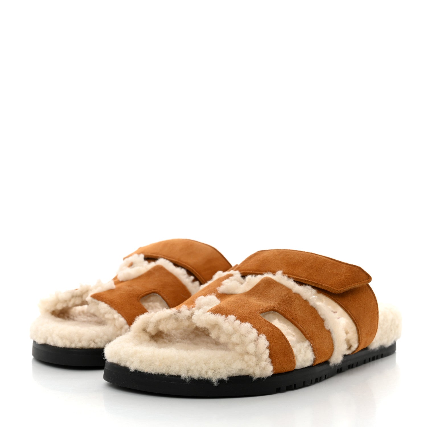 Hermes Suede Goatskin Woolskin Womens Chypre Sandals 37.5 Brun Fume Ecru 3 of 9