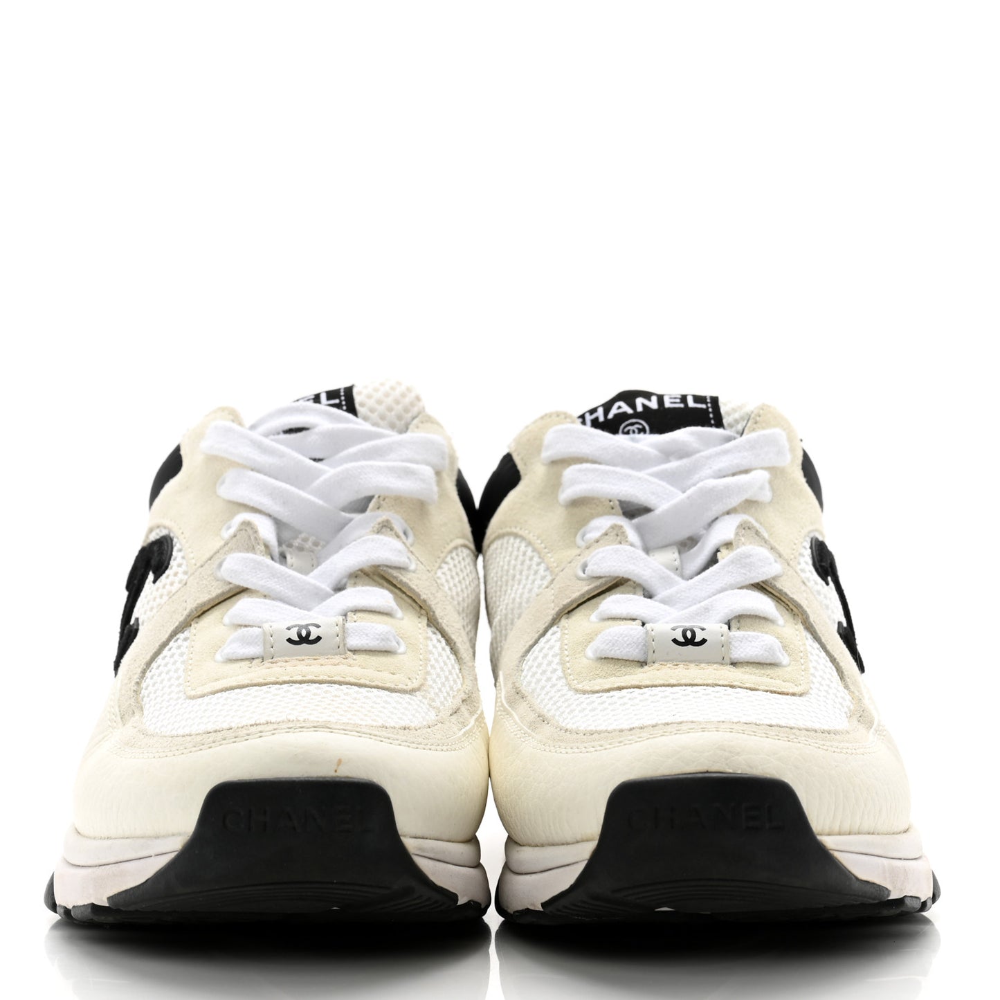 Mesh Suede Calfskin Grained Calfskin Womens CC Sneakers 38 White Black