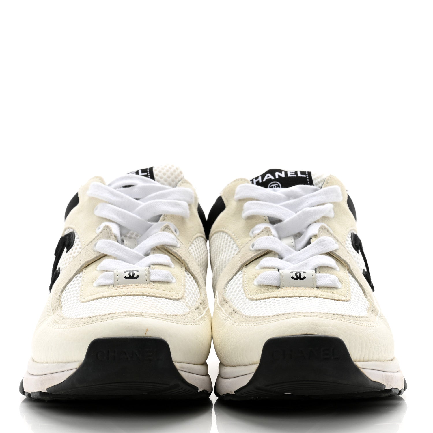 Chanel Mesh Suede Calfskin Grained Calfskin Womens CC Sneakers 38 White Black 2 of 11