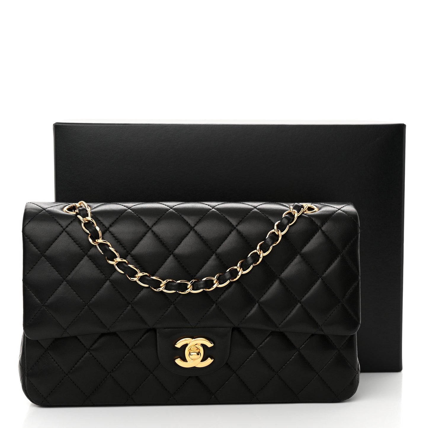 Lambskin Quilted Medium Double Flap Black