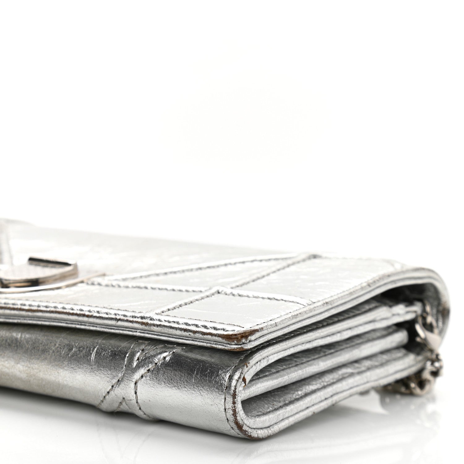 Christian Dior Metallic Crinkled Lambskin Diorama Croisiere Chain Wallet Silver 10 of 13