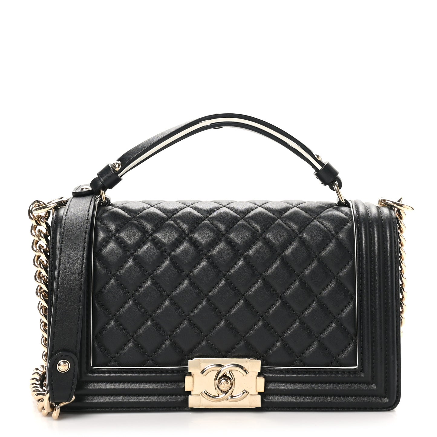 Calfskin Quilted Medium Boy Top Handle Flap Black