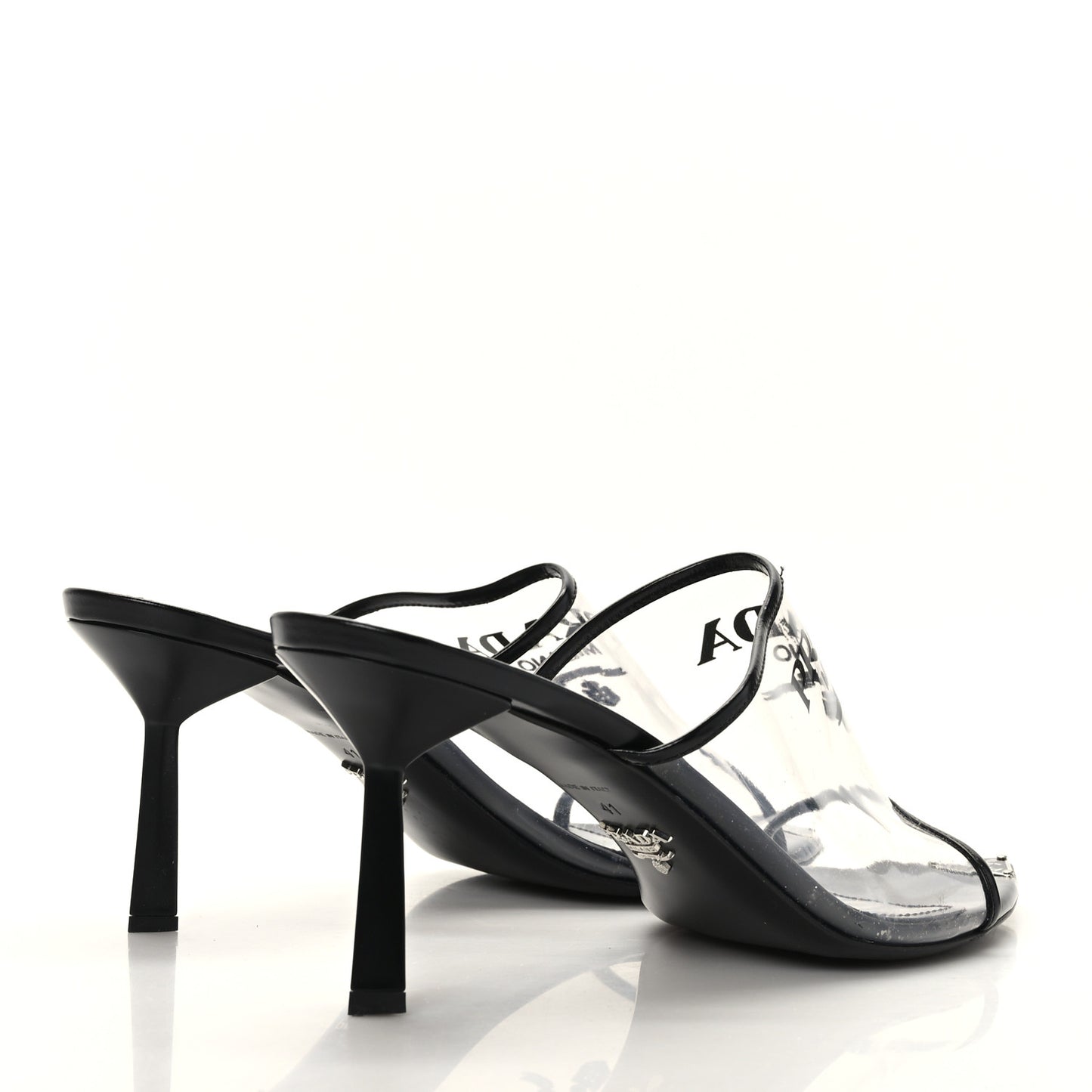 Plexiglass Calfskin Metal Triangle Logo 75mm Slide Sandals 41 Black