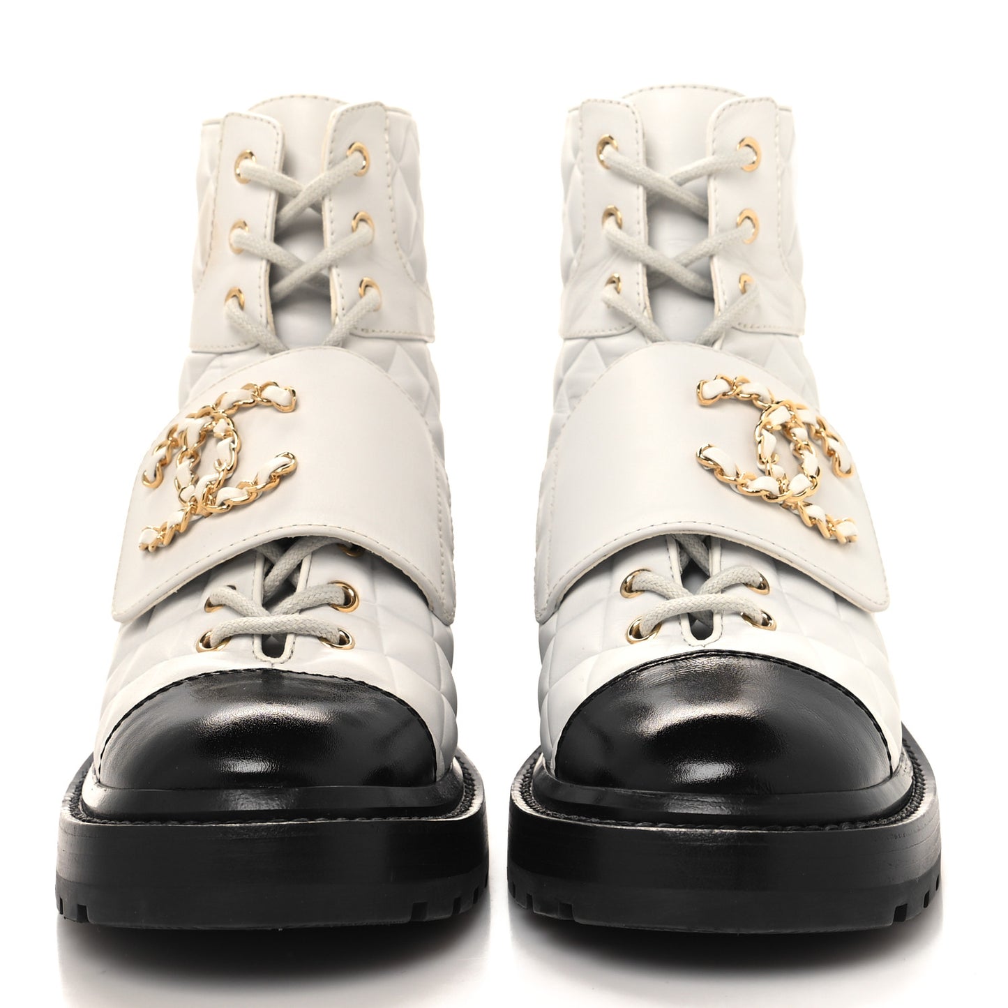 Calfskin Shiny Calfskin Quilted Lace Up Combat Boots 36 White Black