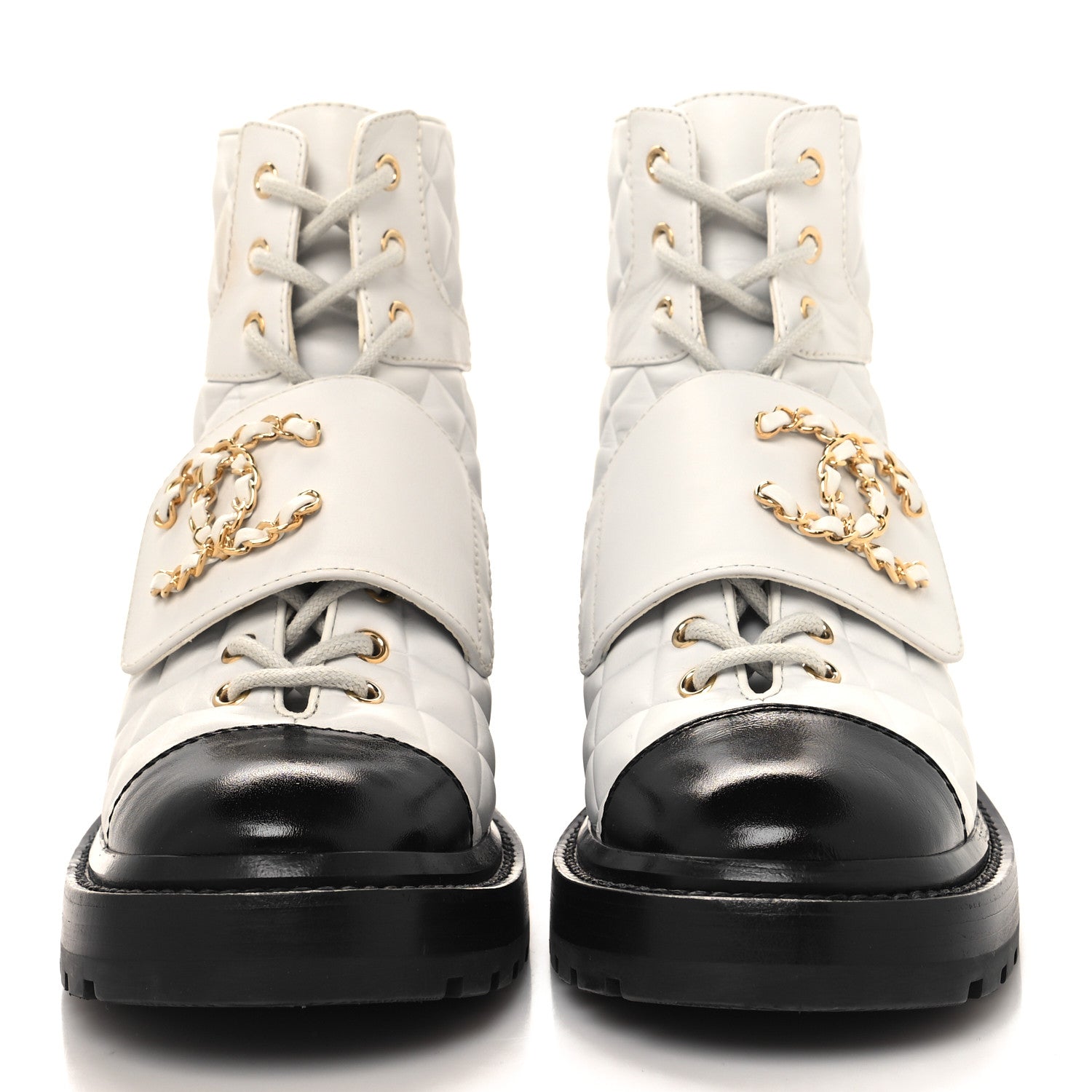 Chanel Calfskin Shiny Calfskin Quilted Lace Up Combat Boots 36 White Black 2 of 8