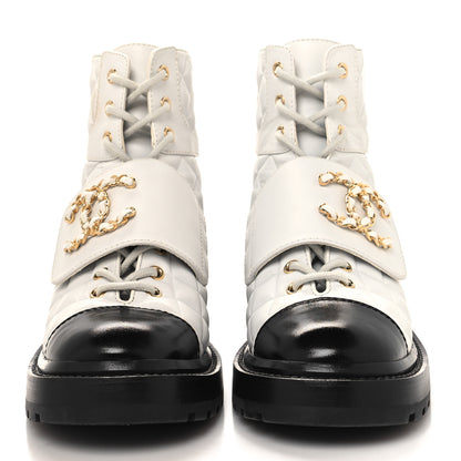 Chanel Calfskin Shiny Calfskin Quilted Lace Up Combat Boots 36 White Black 2 of 8