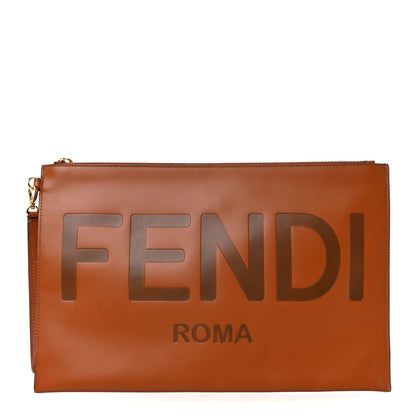 Fendi Vitello King Logo Embossed Large Flat Pouch Cuoio 1 of 10