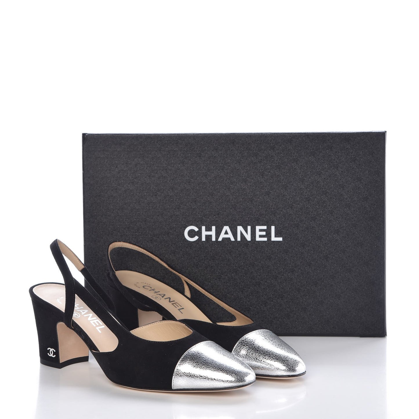 Kid Suede Metallic Lambskin Cap Toe CC Slingback Pumps 37.5 Black Silver