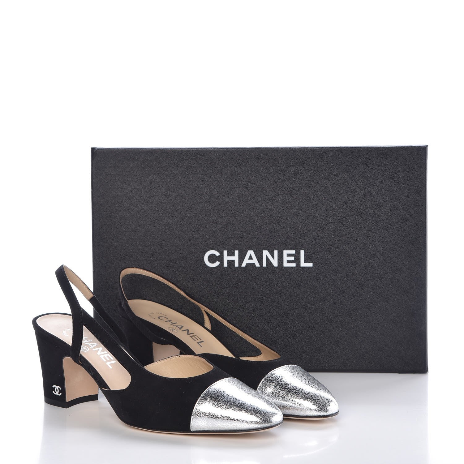 Chanel Kid Suede Metallic Lambskin Cap Toe CC Slingback Pumps 37.5 Black Silver 8 of 8