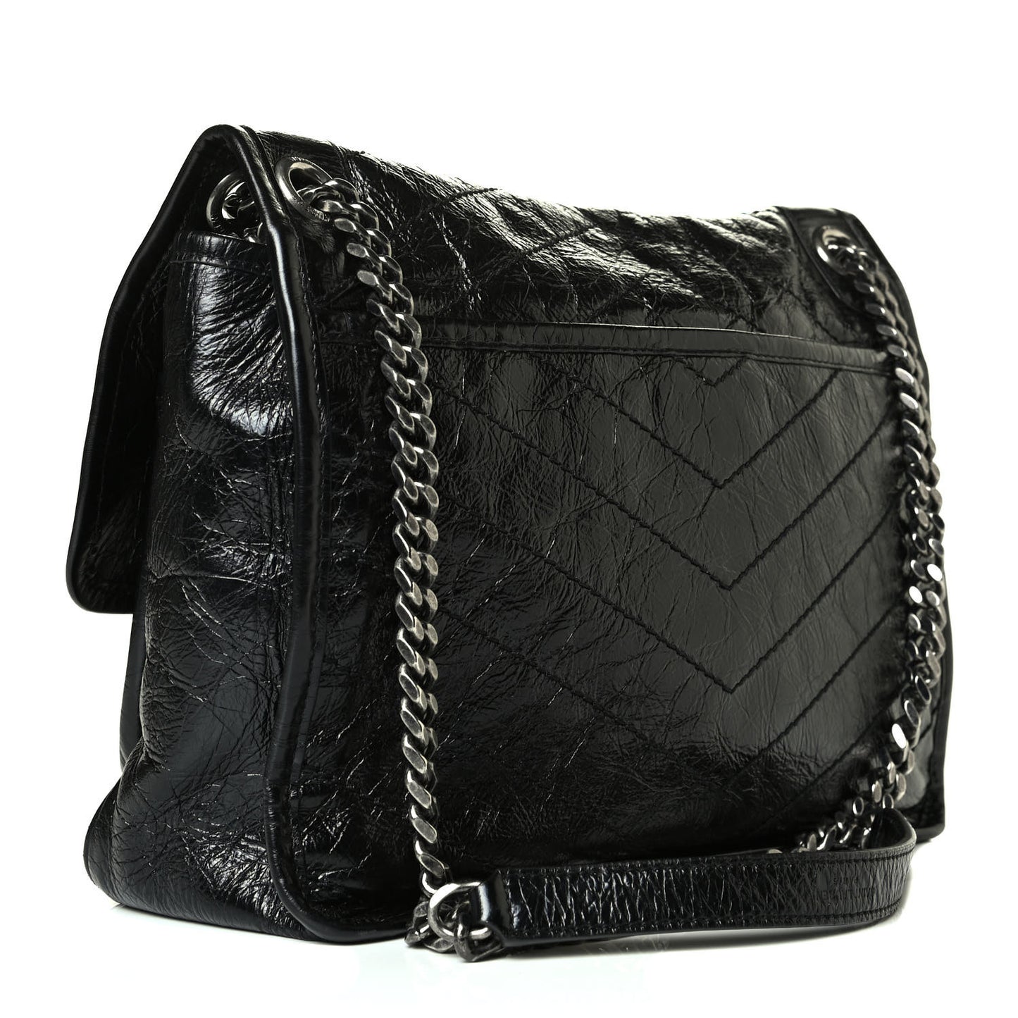 Crinkled Calfskin Matelasse Monogram Medium Niki Chain Satchel Black