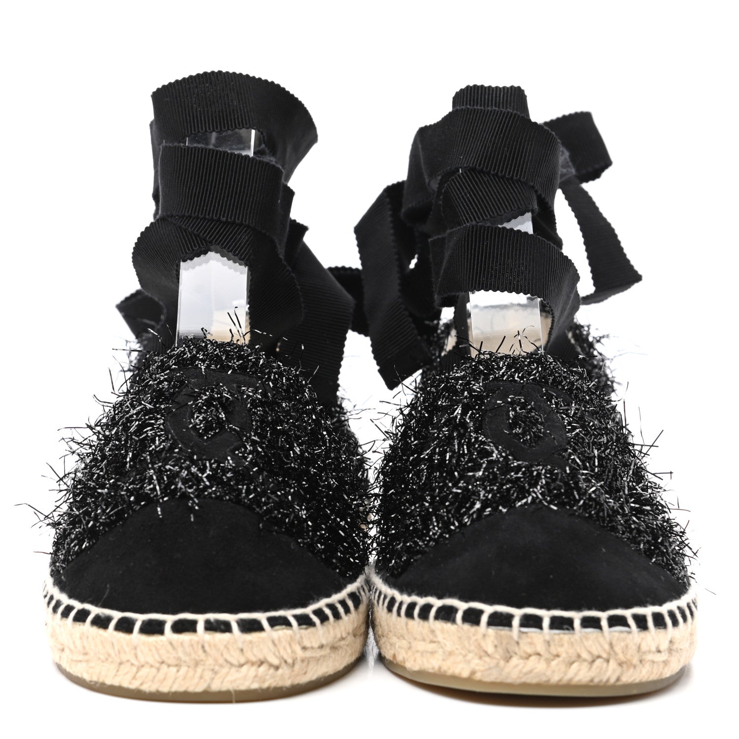 Chanel Fabric Tweed Suede Grosgrain CC Espadrilles 37 Black 2 of 9