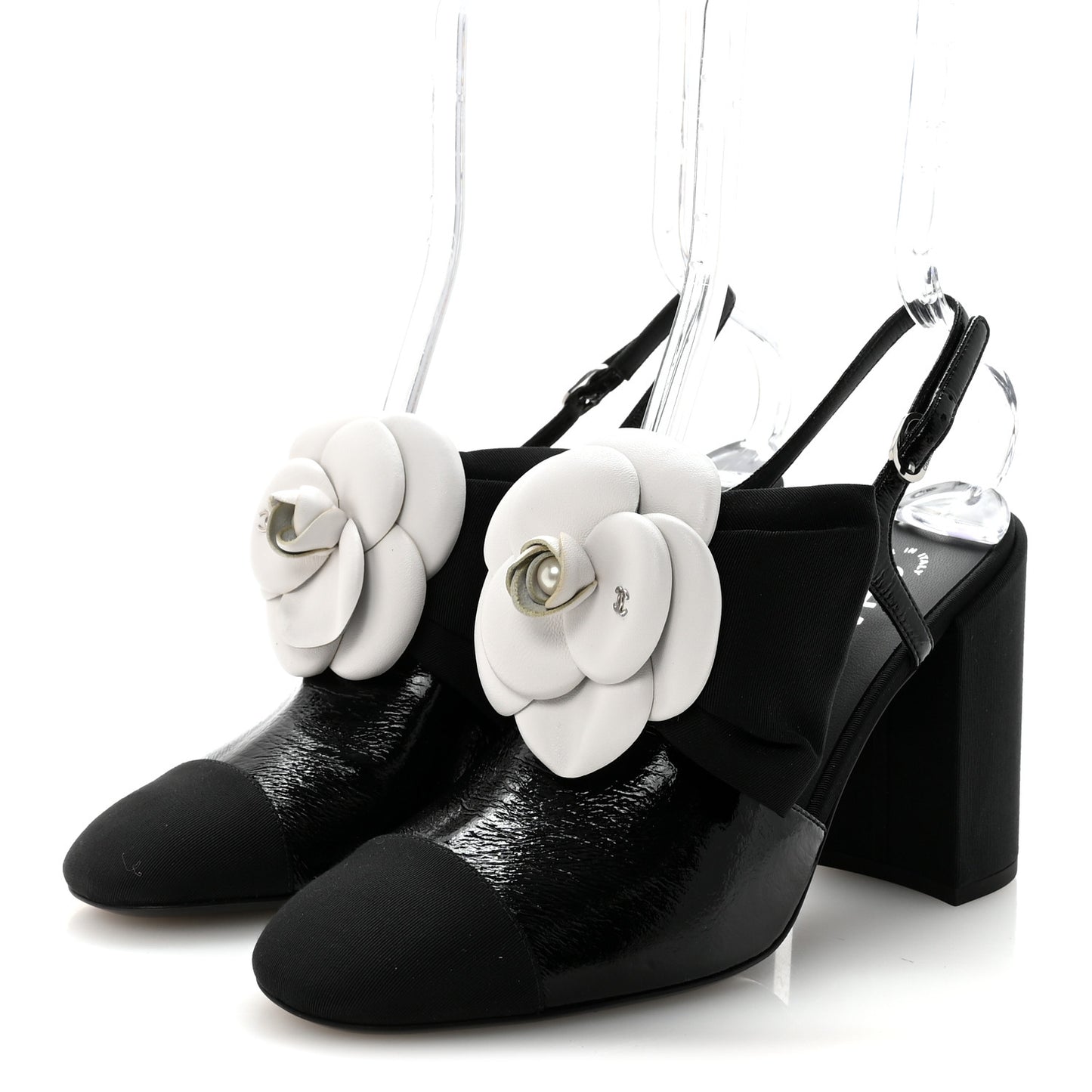 Crumpled Shiny Fabric Grosgrain Cap Toe Camellia Bow Slingback Pumps 39 Black