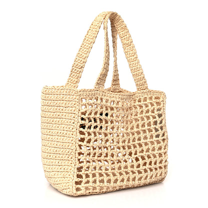 Prada Yarn Raffia Effect Crochet Logo Embroidered Small Tote Bag Naturale 3 of 8