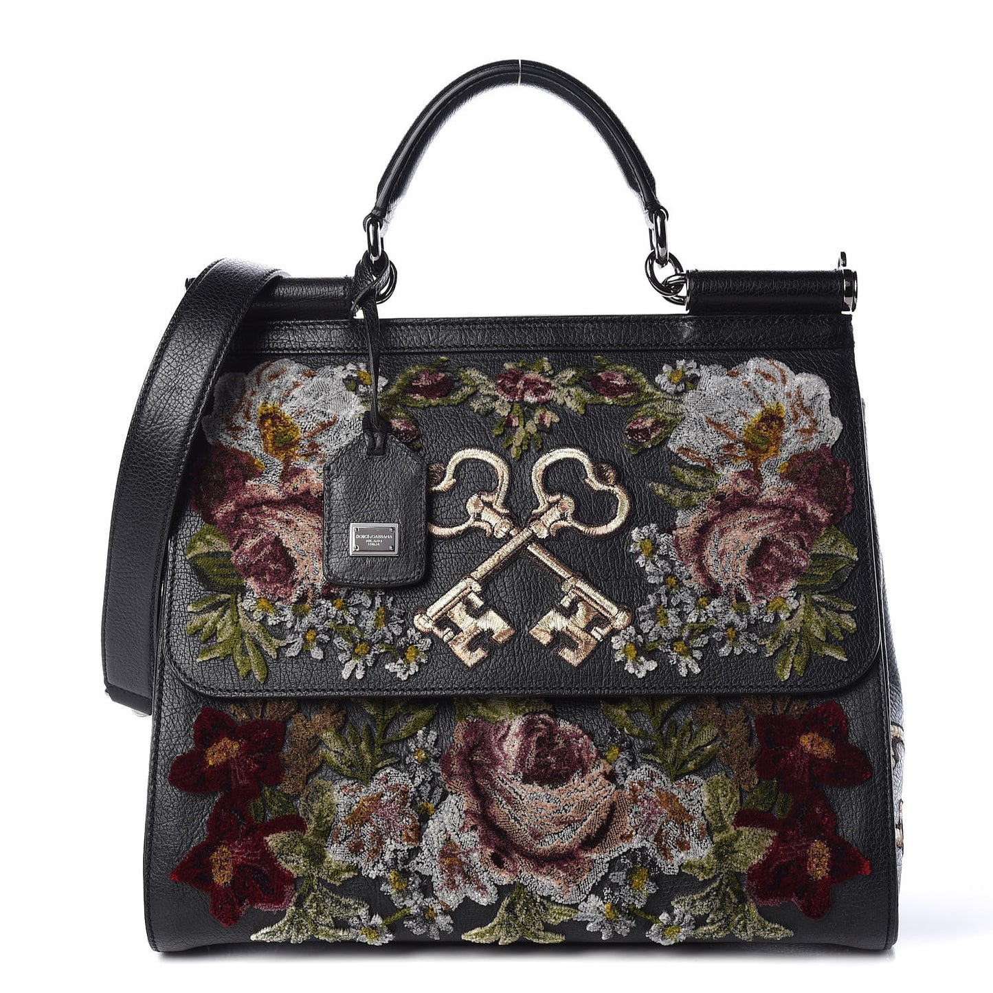 Calfskin Embroidered Keys Large Miss Sicily Satchel Black