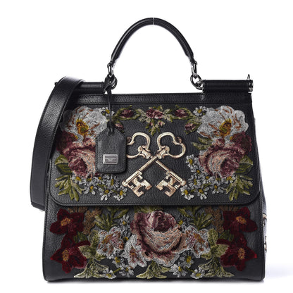 Dolce & Gabbana Calfskin Embroidered Keys Large Miss Sicily Satchel Black 1 of 10