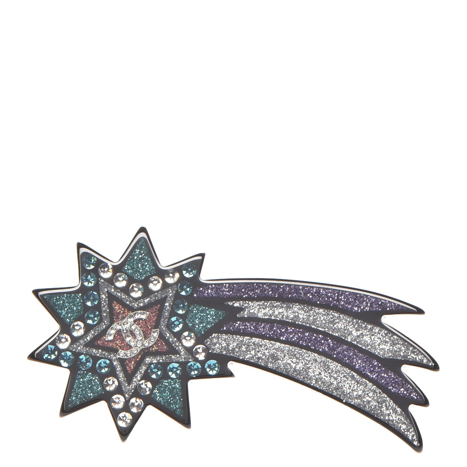 Chanel Glittered Resin Strass Shooting Star Brooch Black Purple Green 1 of 5