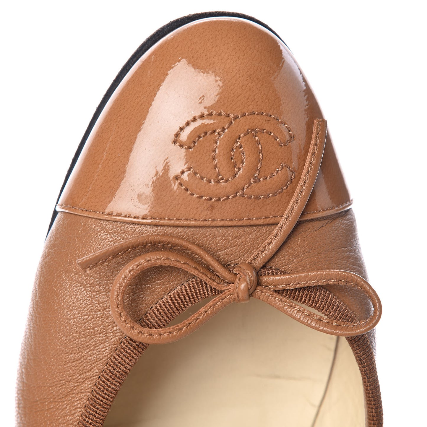 Patent Goatskin Cap Toe Ballerina Flats 37.5 Camel