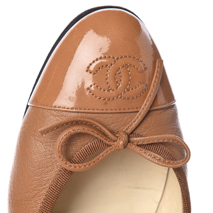 Chanel Patent Goatskin Cap Toe Ballerina Flats 37.5 Camel 16 of 18