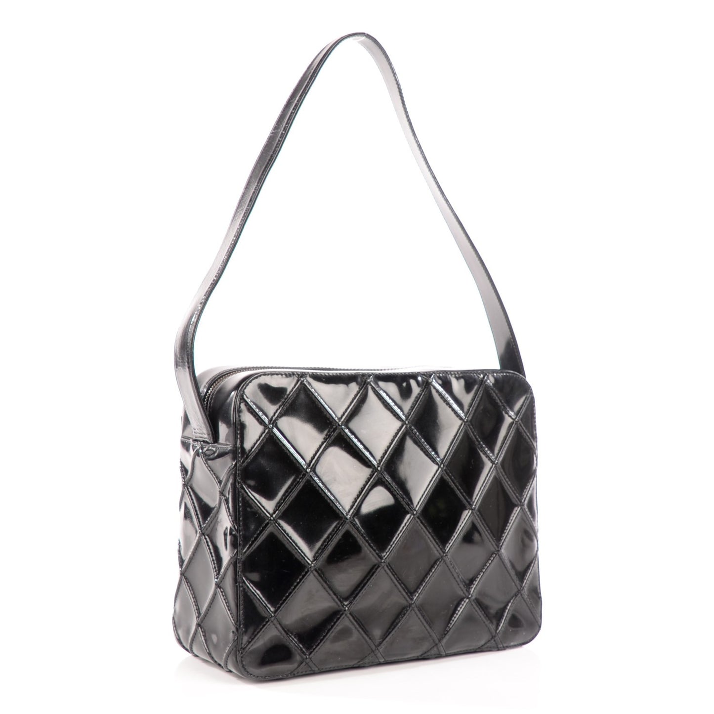 Patent Diamond Stitch Shoulder Bag Black