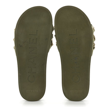 Chanel Canvas Chain Flat Sandals 38 Khaki 5 of 10