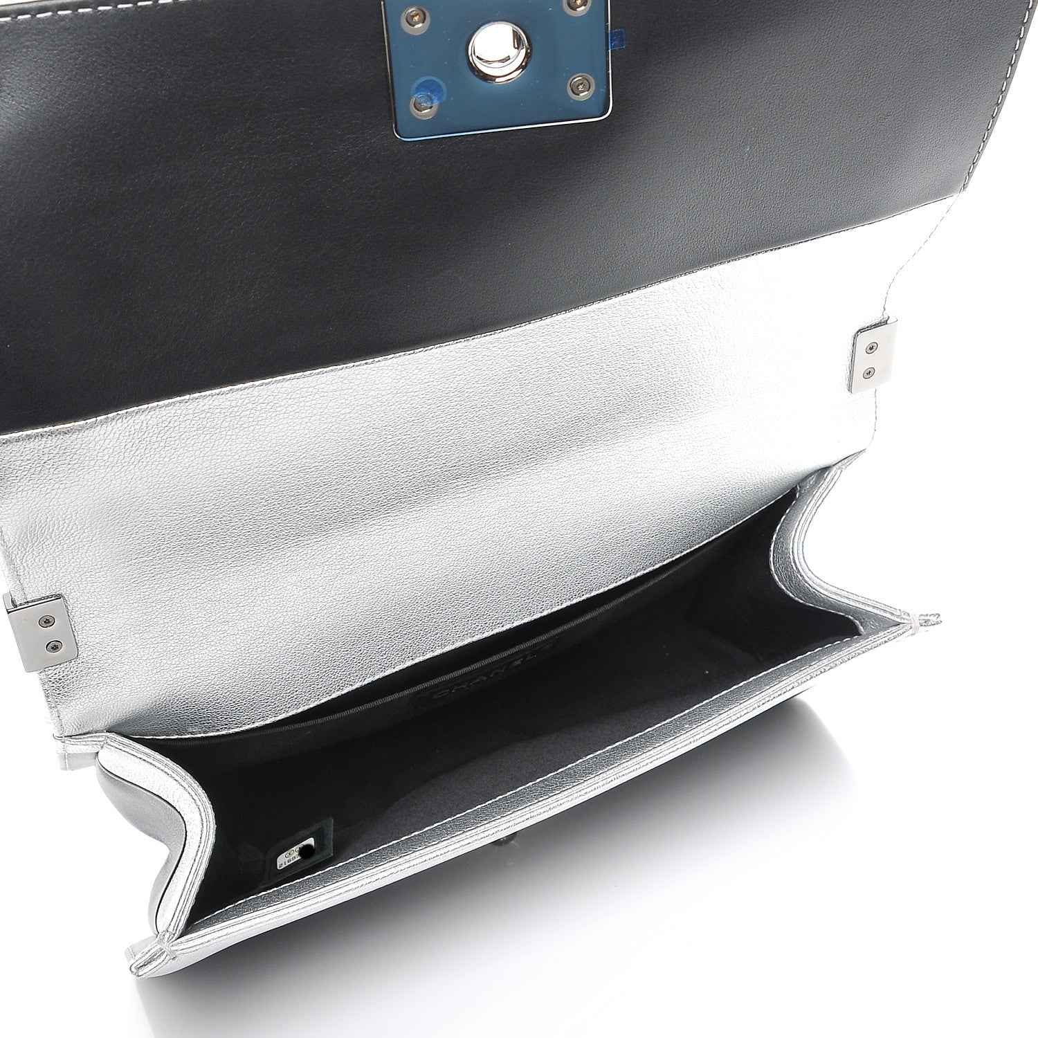 Chanel Metallic Goatskin Calfskin Medium Boy Flap Silver Black 5 of 9