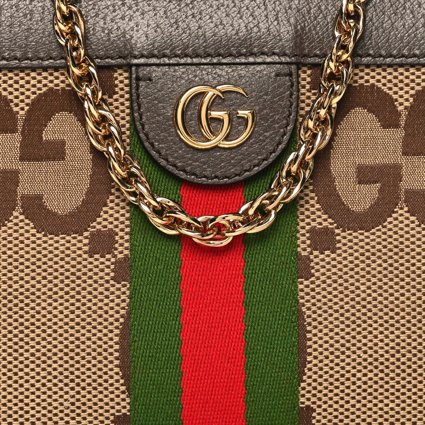 Monogram Jumbo GG Textured Dollar Calfskin Web Small Ophidia Chain Shoulder Bag Camel Ebony New Acero