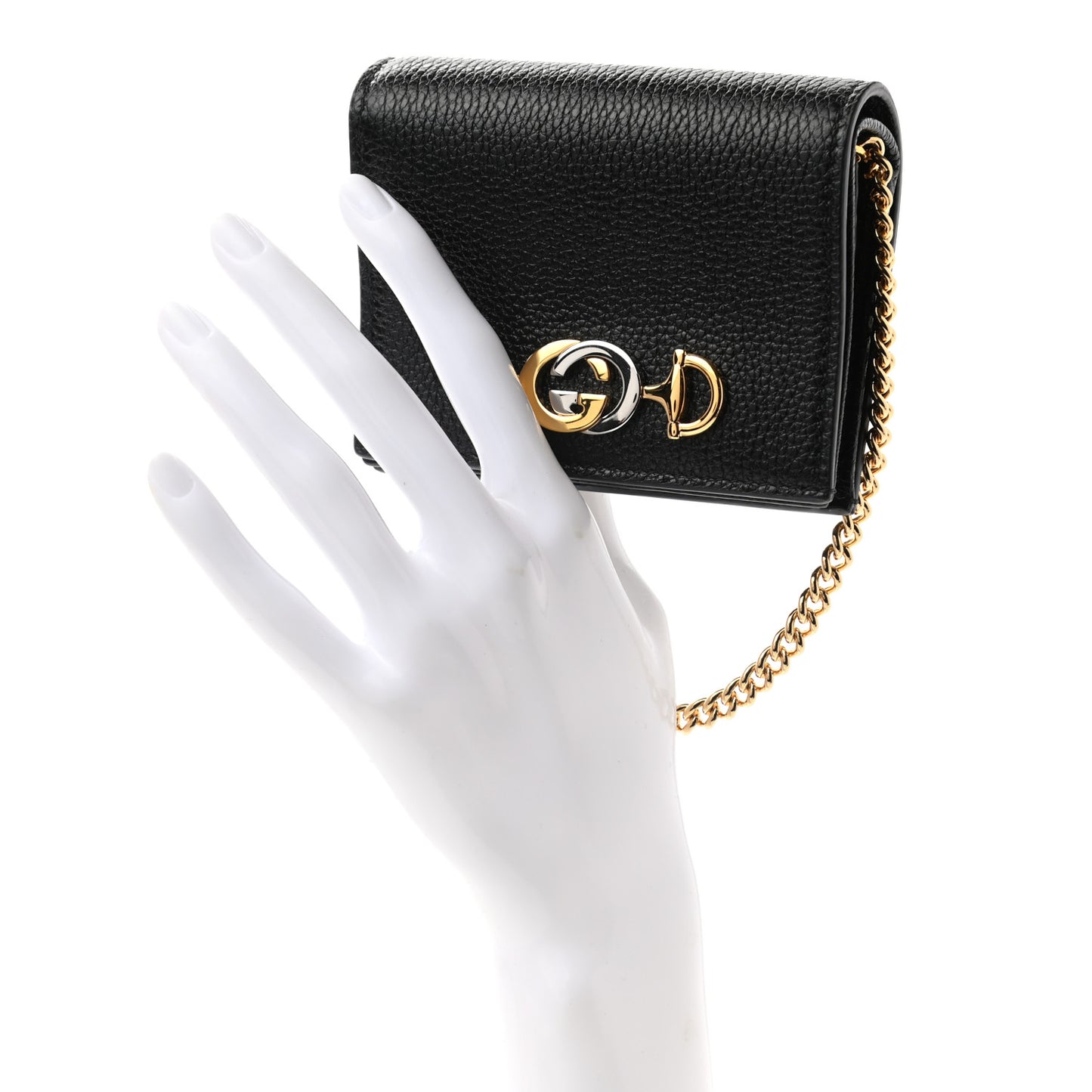 Grainy Calfskin Zumi Chain Card Case Wallet Black