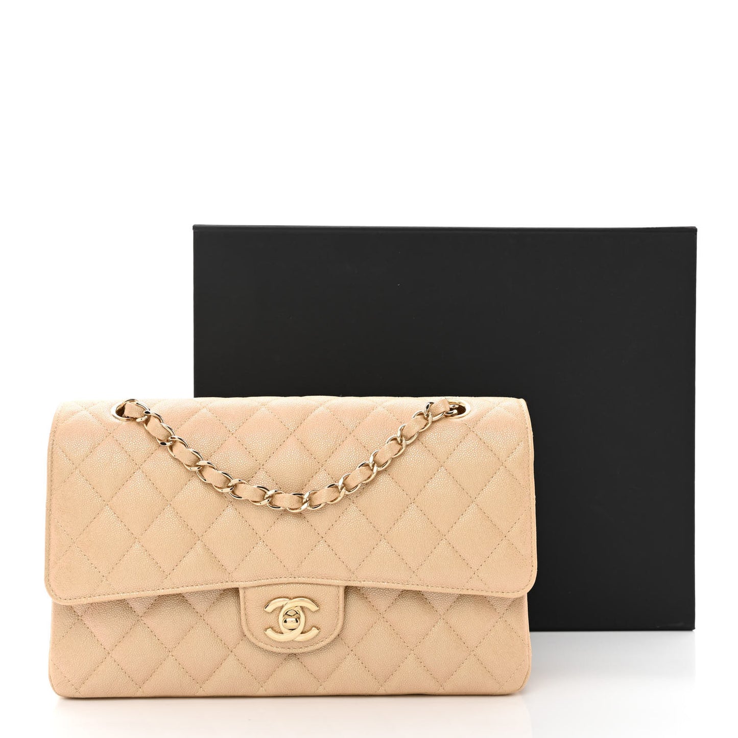 Iridescent Caviar Quilted Medium Double Flap Beige