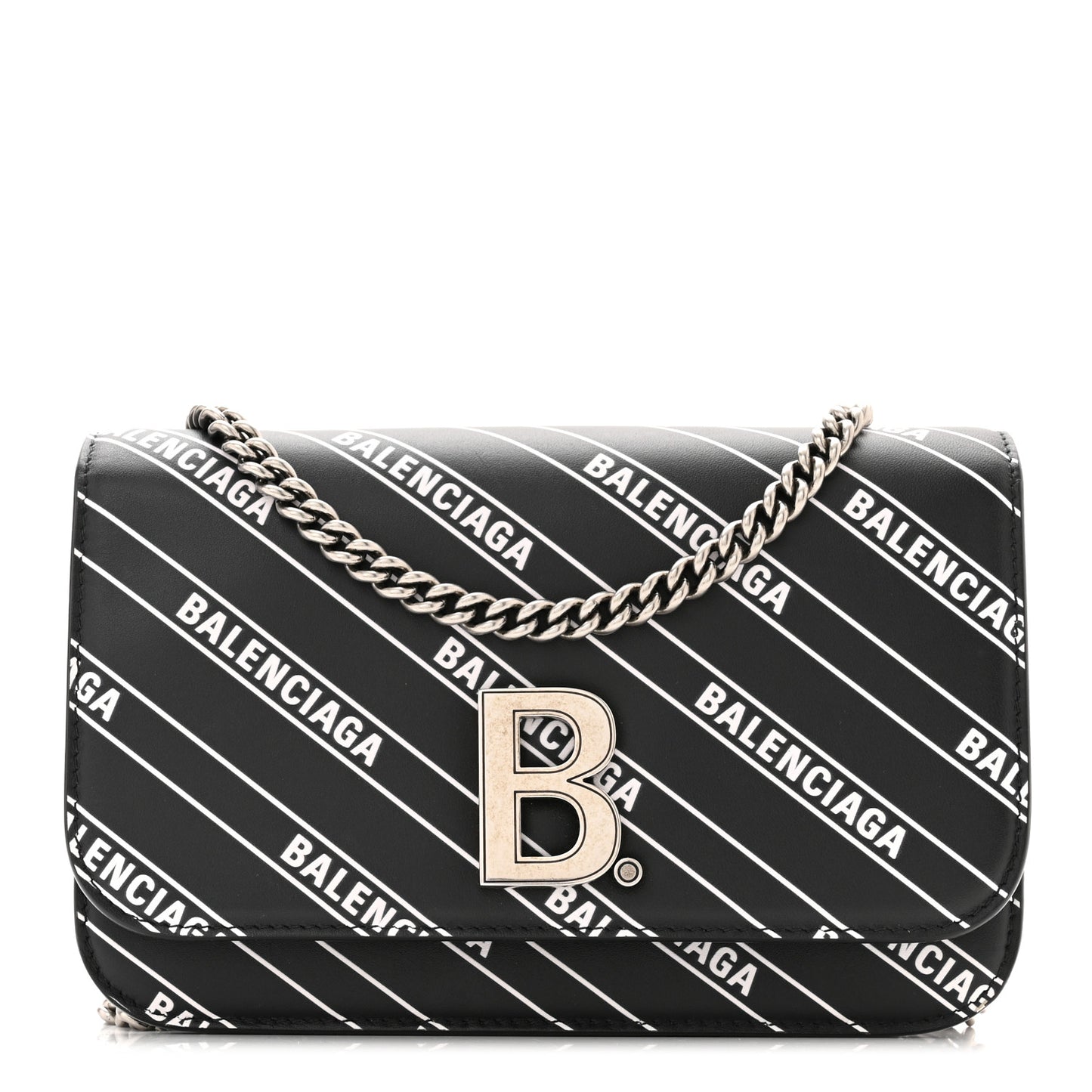 Matte Calfskin Diagonal Allover Logo Print B Wallet on Chain Black White