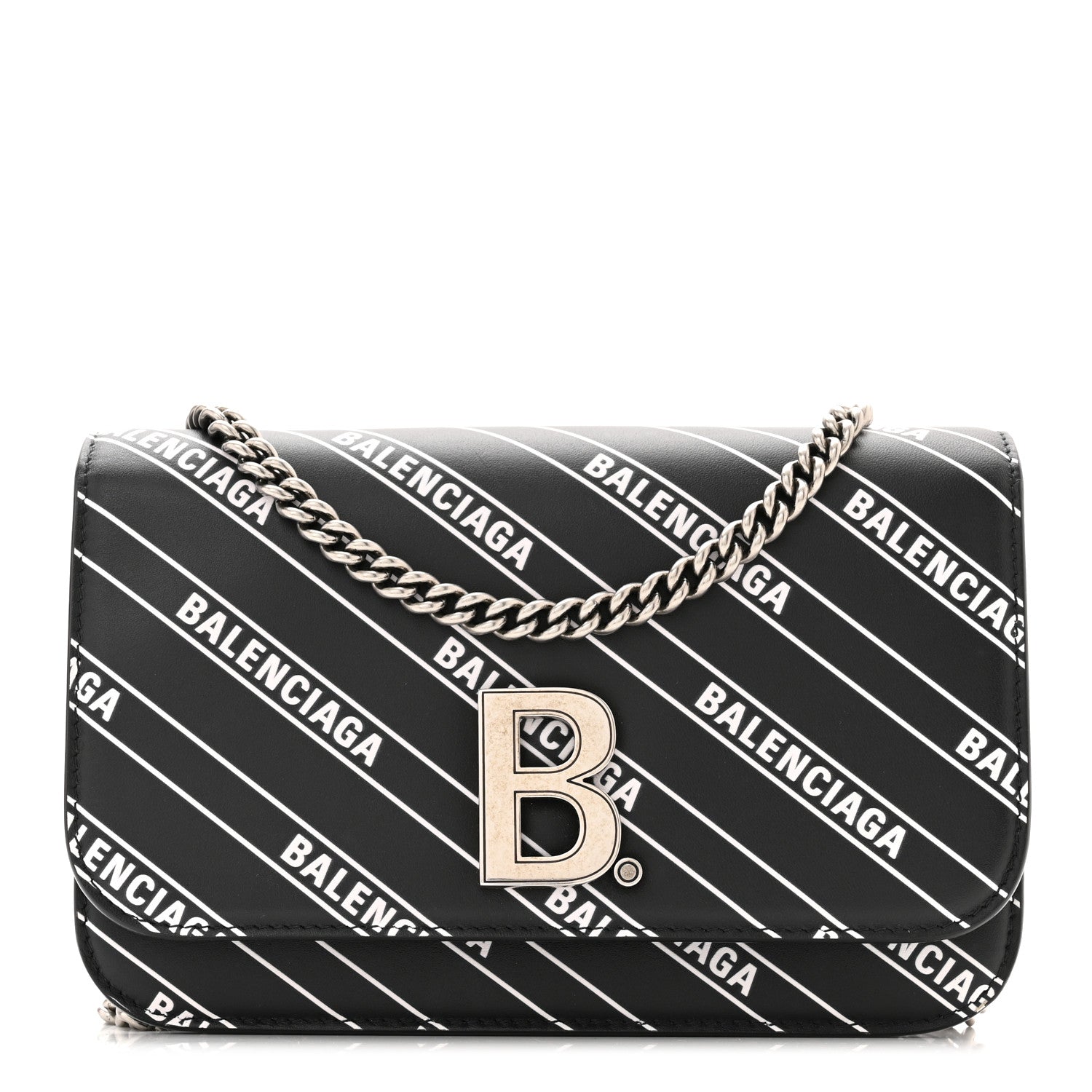 Balenciaga Matte Calfskin Diagonal Allover Logo Print B Wallet on Chain Black White 1 of 9