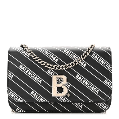 Balenciaga Matte Calfskin Diagonal Allover Logo Print B Wallet on Chain Black White 1 of 9