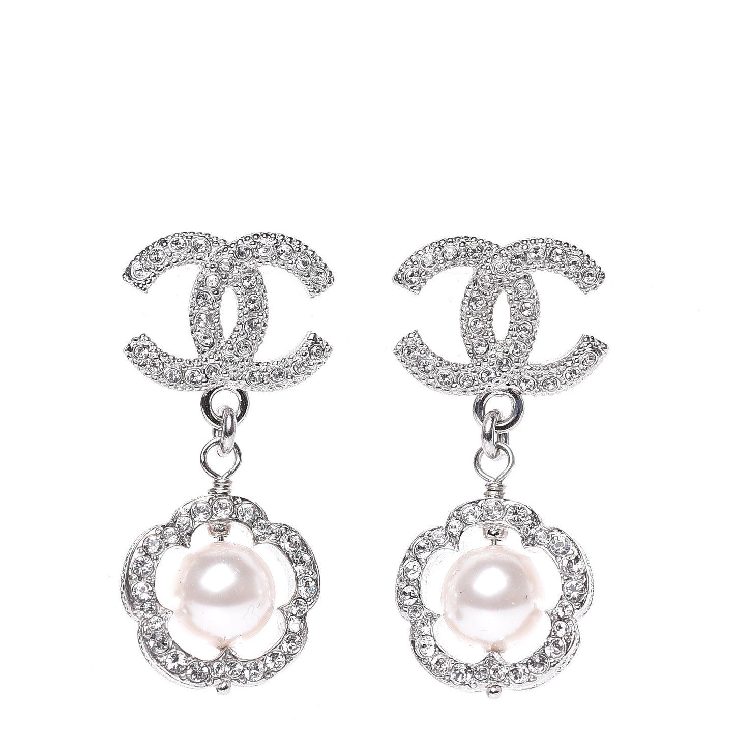 Crystal Pearl Camellia CC Coco Flapper Drop Earrings Silver