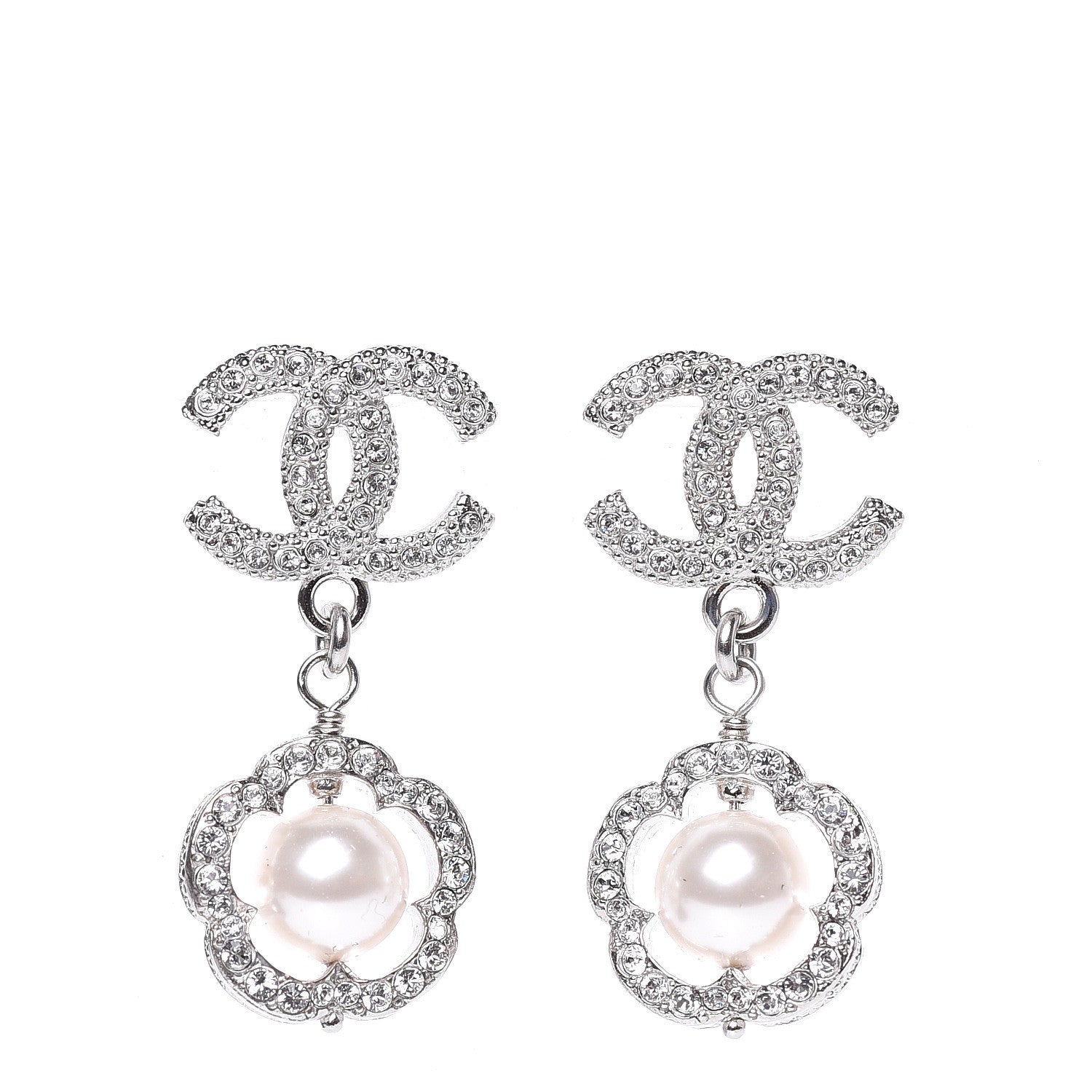 Chanel Crystal Pearl Camellia CC Coco Flapper Drop Earrings Silver 1 of 5