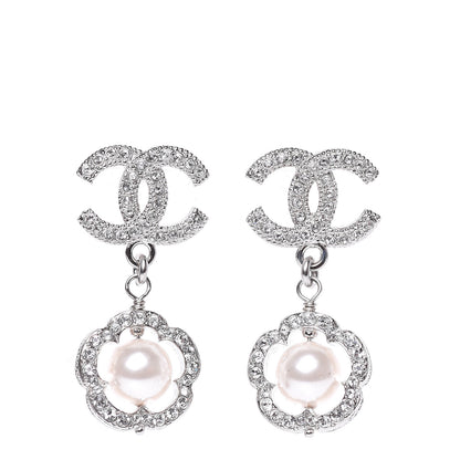 Chanel Crystal Pearl Camellia CC Coco Flapper Drop Earrings Silver 1 of 5