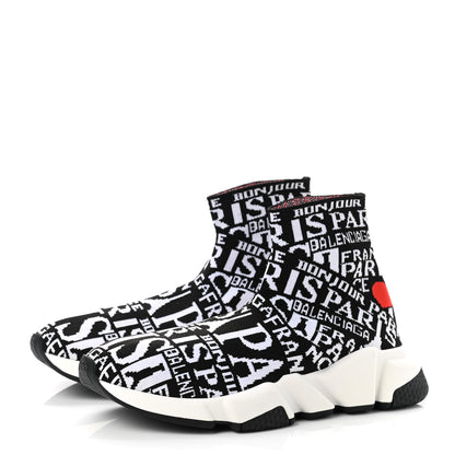 Balenciaga Neoprene Knit Bonjour Paris Womens Speed Sneakers 39 Black White Red 3 of 9