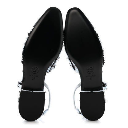 Chanel Tweed Grosgrain Cap Toe Slingback Flats 37 Blue White Black 6 of 11