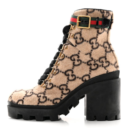 Gucci Covered Wool GG Monogram Womens Lace Up Combat Ankle Boots 38 Beige Ebony Black 1 of 21