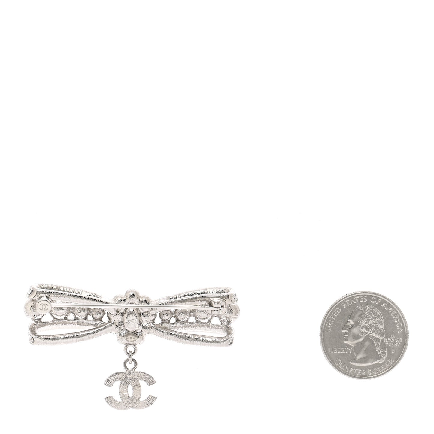 Metal Pearl Crystal CC Bow Brooch Silver