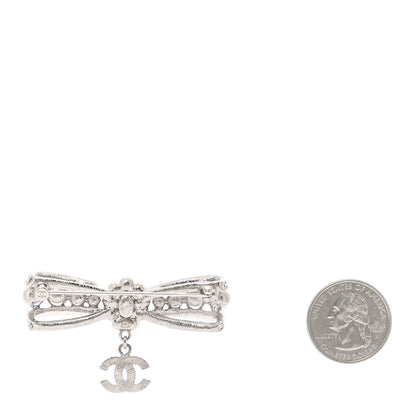 Chanel Metal Pearl Crystal CC Bow Brooch Silver 2 of 4