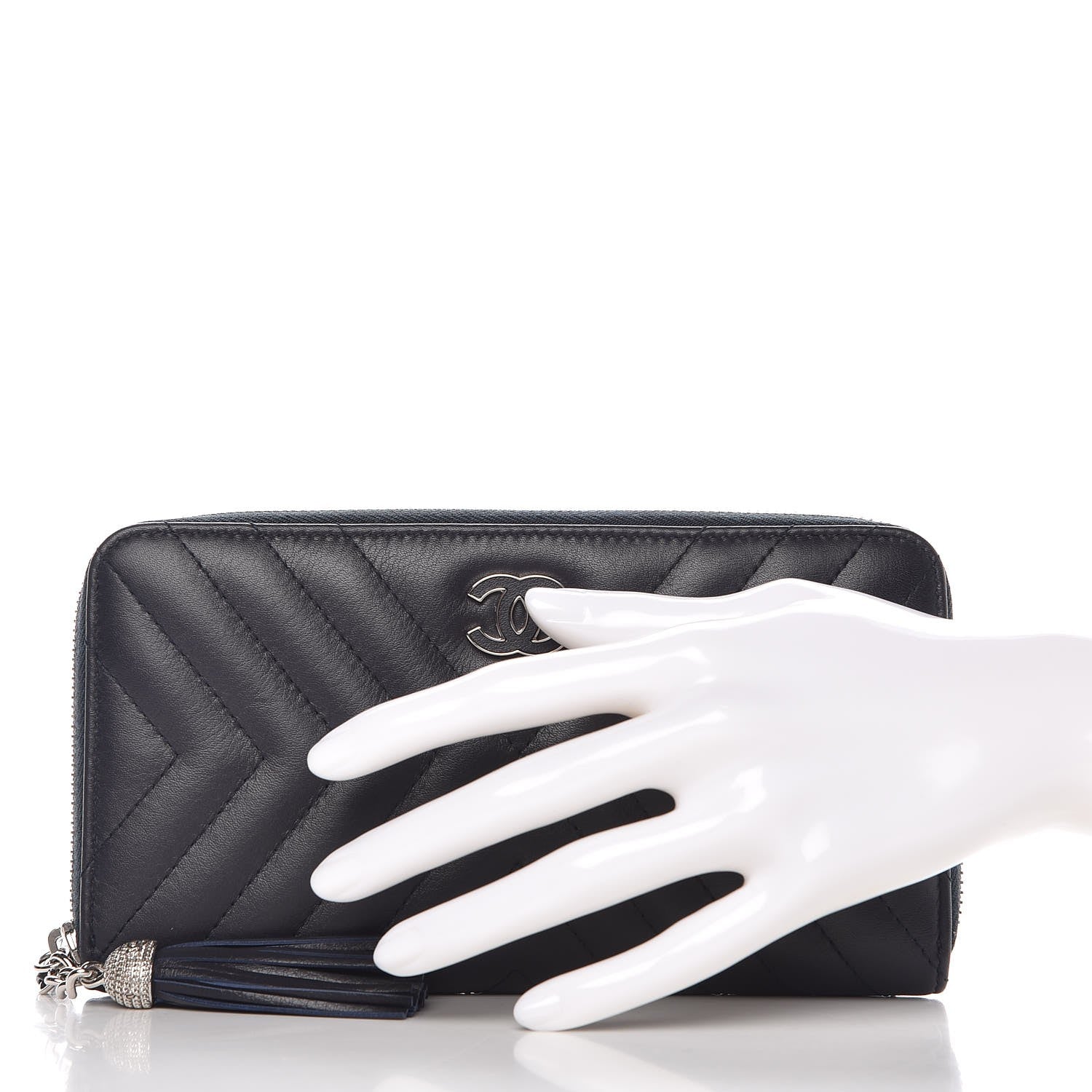 Chanel Calfskin Chevron Quilted Zip Around Tassel Wallet Navy 2 of 9