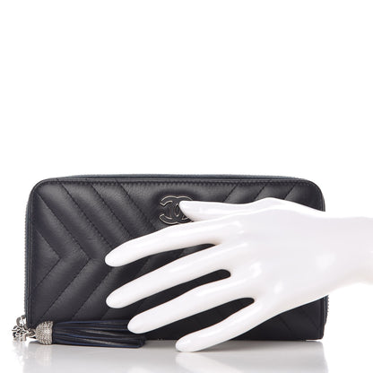 Chanel Calfskin Chevron Quilted Zip Around Tassel Wallet Navy 2 of 9