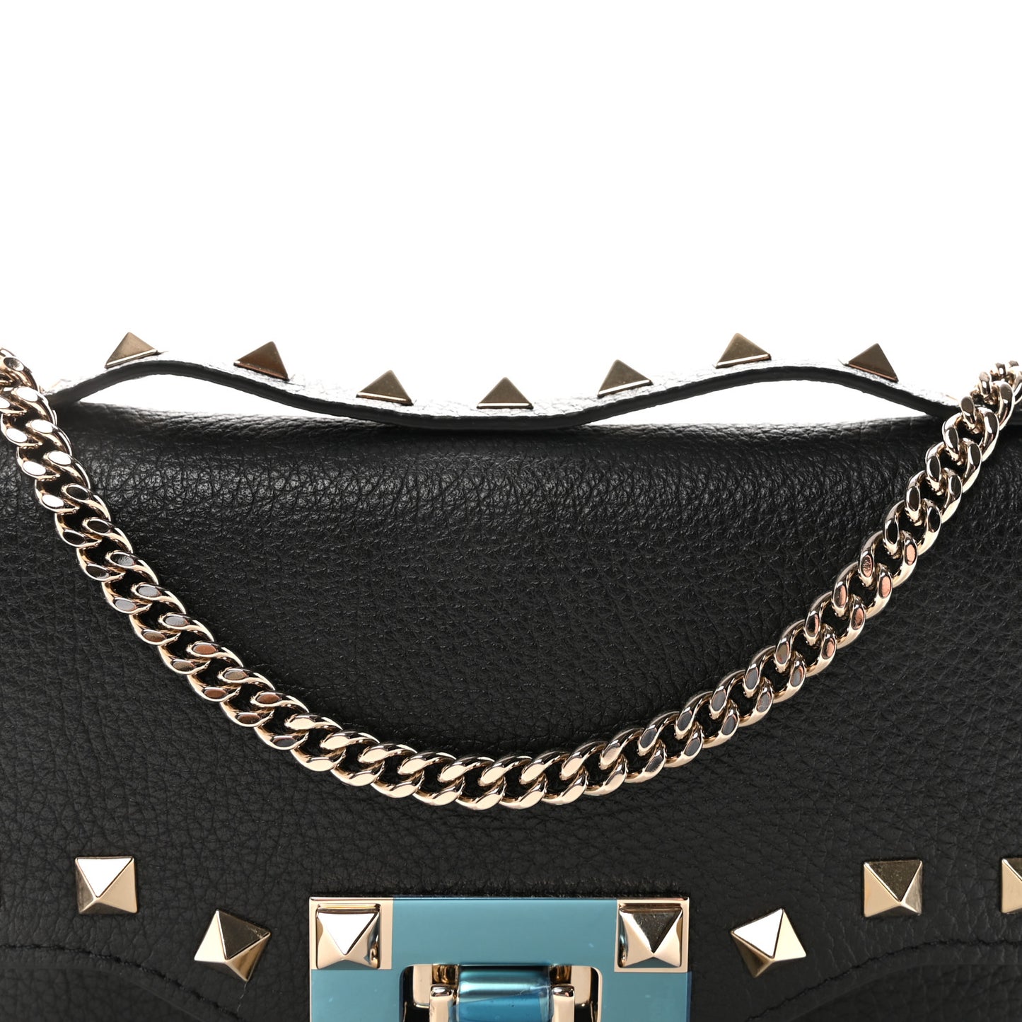 Pebbled Calfskin Rockstud Flip Lock Wallet On Chain Black