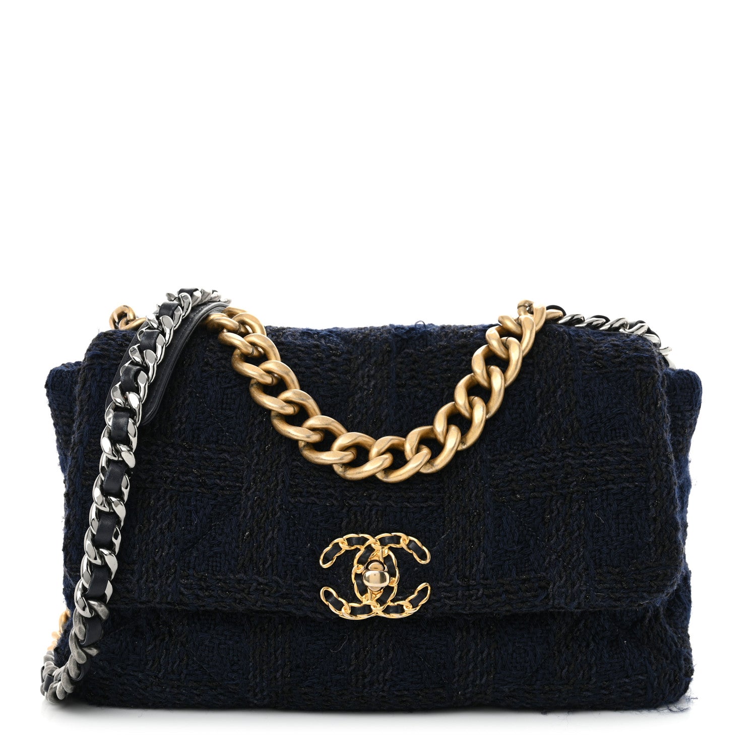 Chanel Tweed Quilted Large Chanel 19 Flap Navy Blue 1715036 – FASHIONPHILE