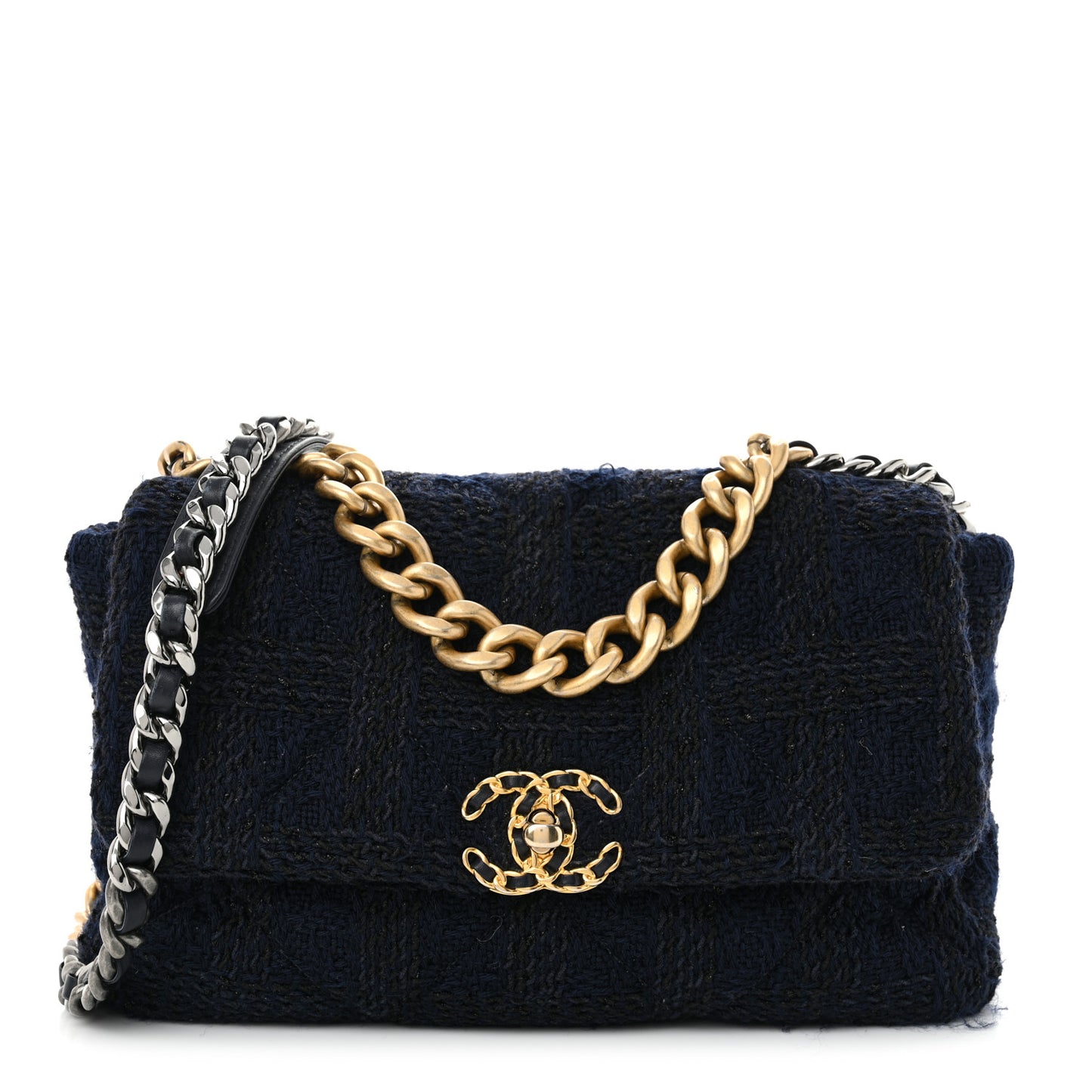 Tweed Quilted Large Chanel 19 Flap Navy Blue