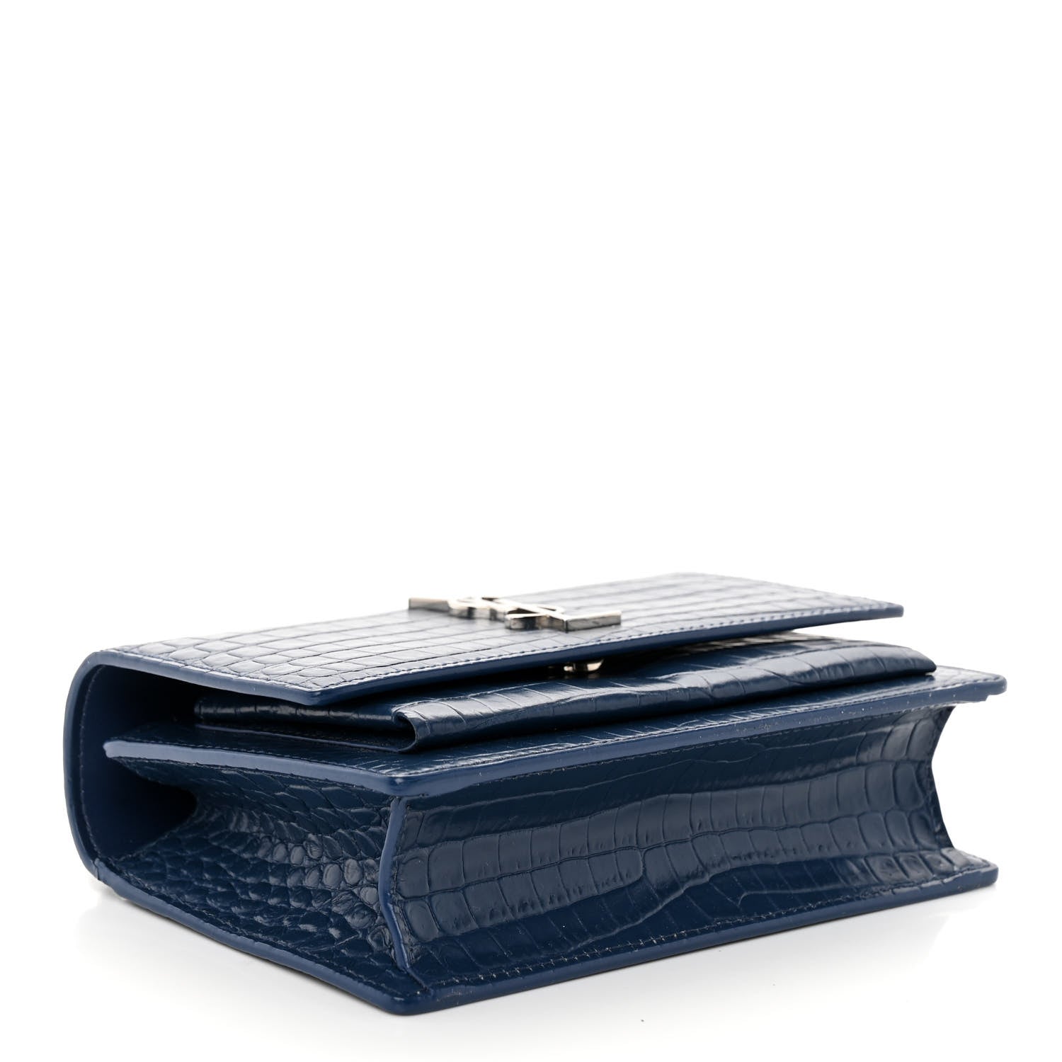 Saint Laurent Calfskin Crocodile Embossed Monogram Sunset Chain Wallet Denim 4 of 11