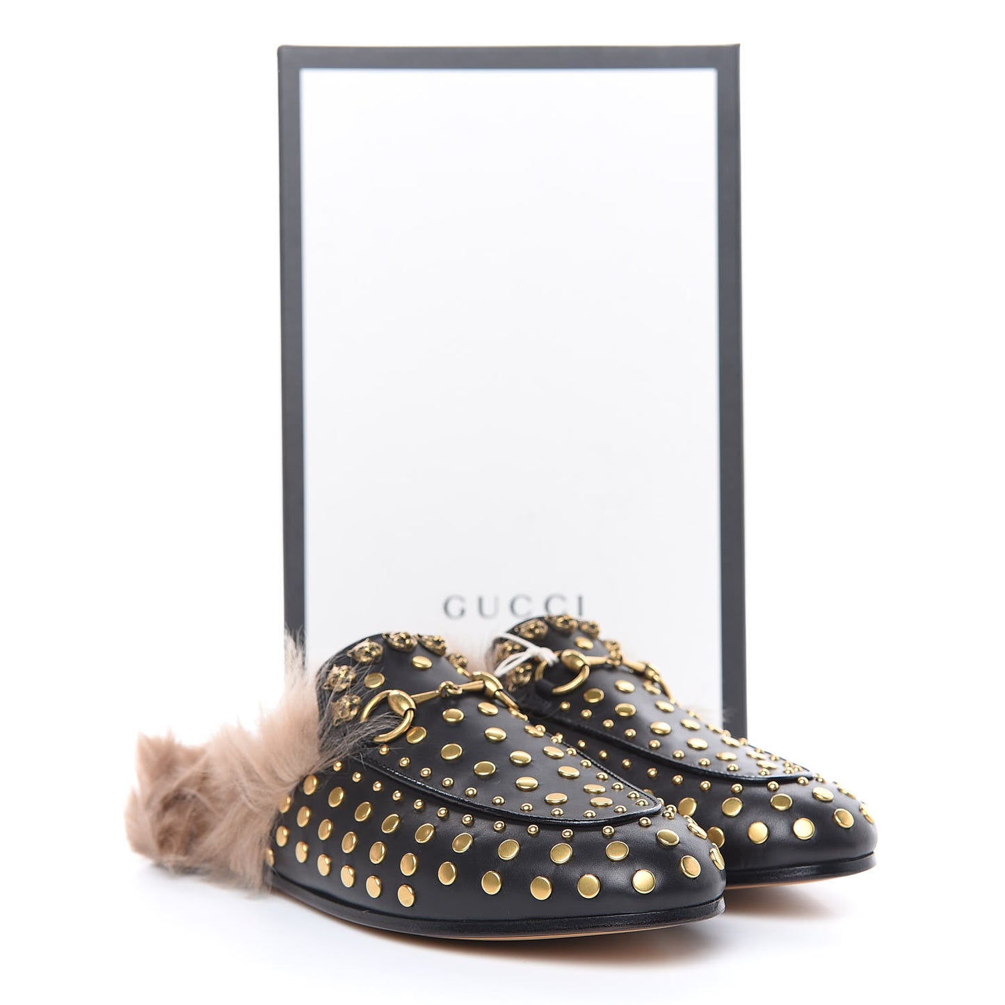 Calfskin Lambswool Studded Womens Princetown Slippers 36 Black