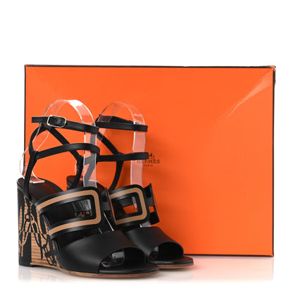 Hermes Calfskin Klara 100 Wedge Sandals 35 Black Natural 13 of 13