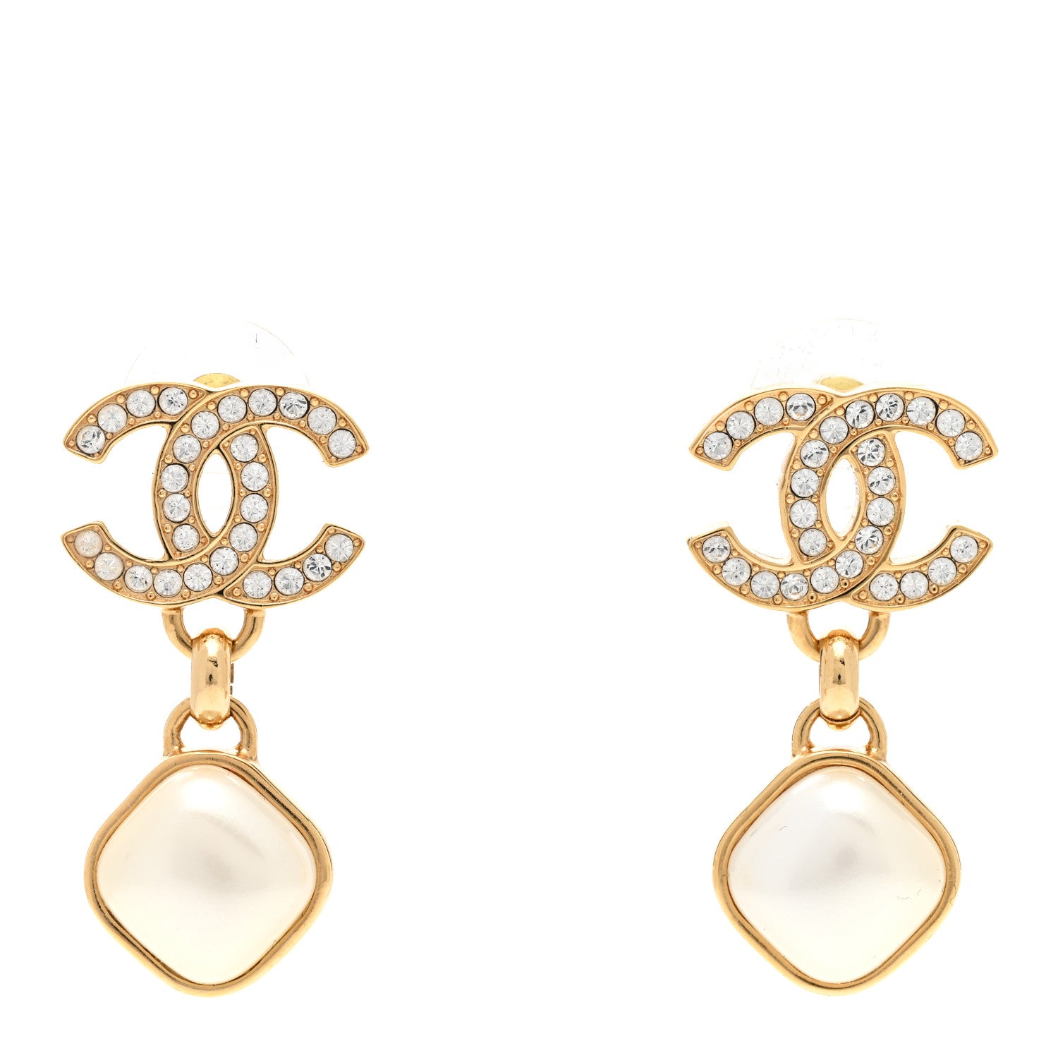 Chanel Metal Crystal Pearl CC Drop Earrings Gold 1 of 5