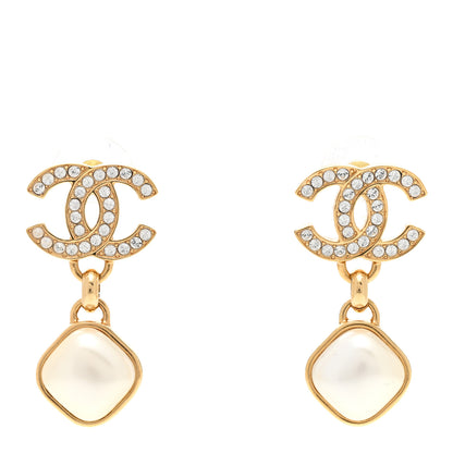 Chanel Metal Crystal Pearl CC Drop Earrings Gold 1 of 5